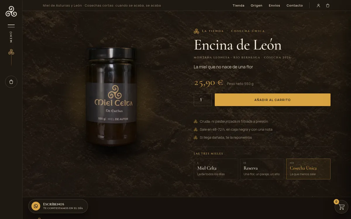 Ficha de la miel de encina en mielcelta.com, con el tarro de 550 g y las tres mieles